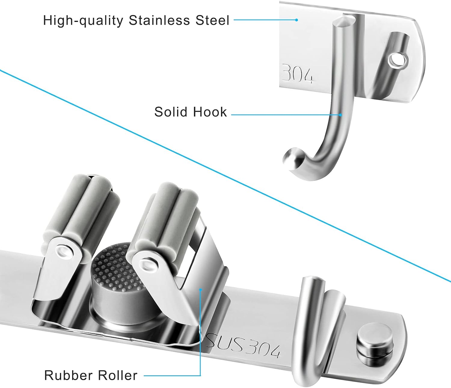 Skiennix Broom and Mop Holder - Wall Mounted Storage Rack with 2 Racks & 3 Hooks - Heavy Duty Stainless Steel