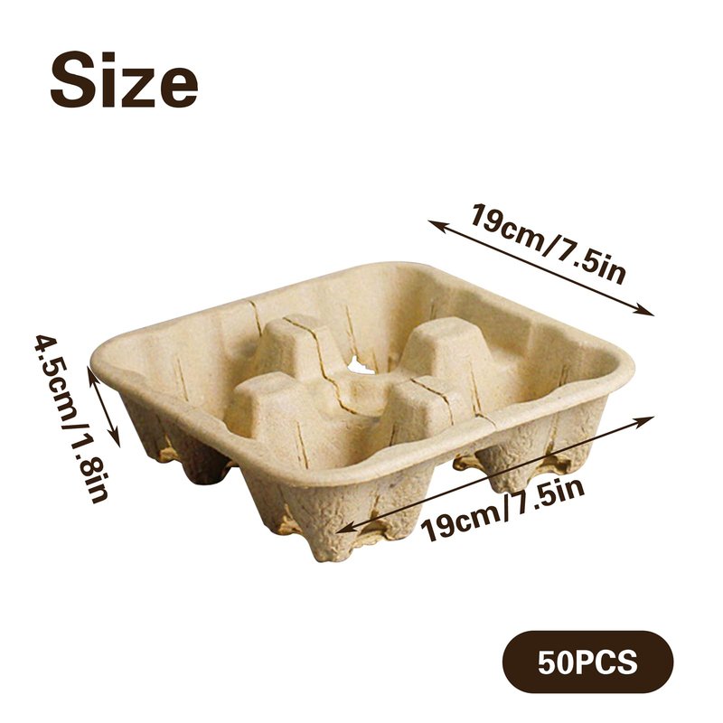 50 Pack 4 Cup Disposable Coffee Tray, Biodegradable and Compostable Cup Holder, Portable Drink Carrier Trays for Hot & Cold Drinks, to Go Coffee Cup Holder for Food Delivery Service Takeout