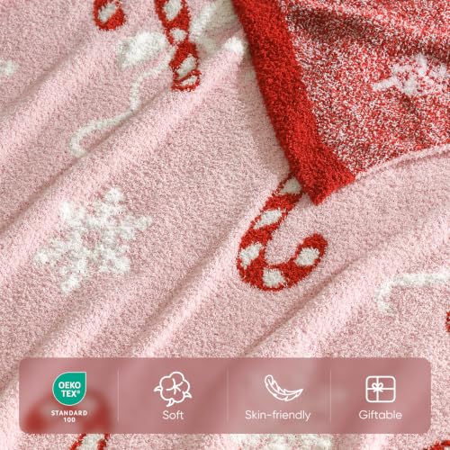 Snuggle Sac Pink Candy Cane Bow Christmas Throw Blanket 50x60 in - Ultra Soft Plaid Snowflake