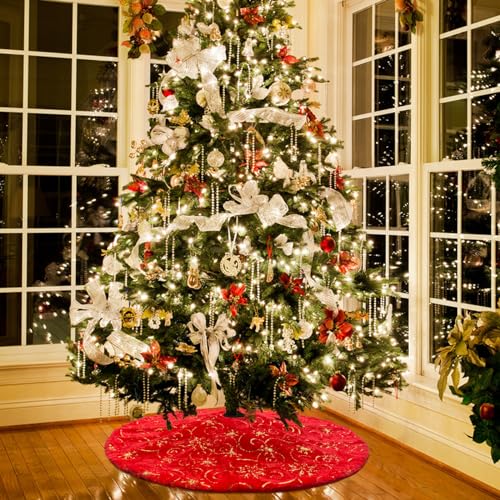 Red Christmas Tree Skirt with Gold Sequin Snowflakes Plush Faux Fur