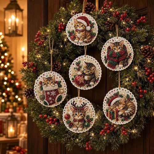 BRKYKGK 6Pcs Christmas Diamond Art Kit - Lace-Edge Kitten Ornaments with Hanging Twine (Style9)