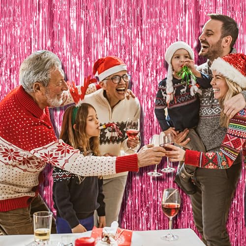 BOMSI 2 Pack Pink Foil Fringe Curtain Tinsel Backdrop for Party Decorations