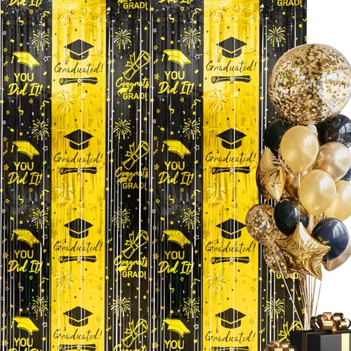 Black & Gold Tinsel Backdrop Curtains for Graduation - 2 Pack, 3.3 x 6.6 ft