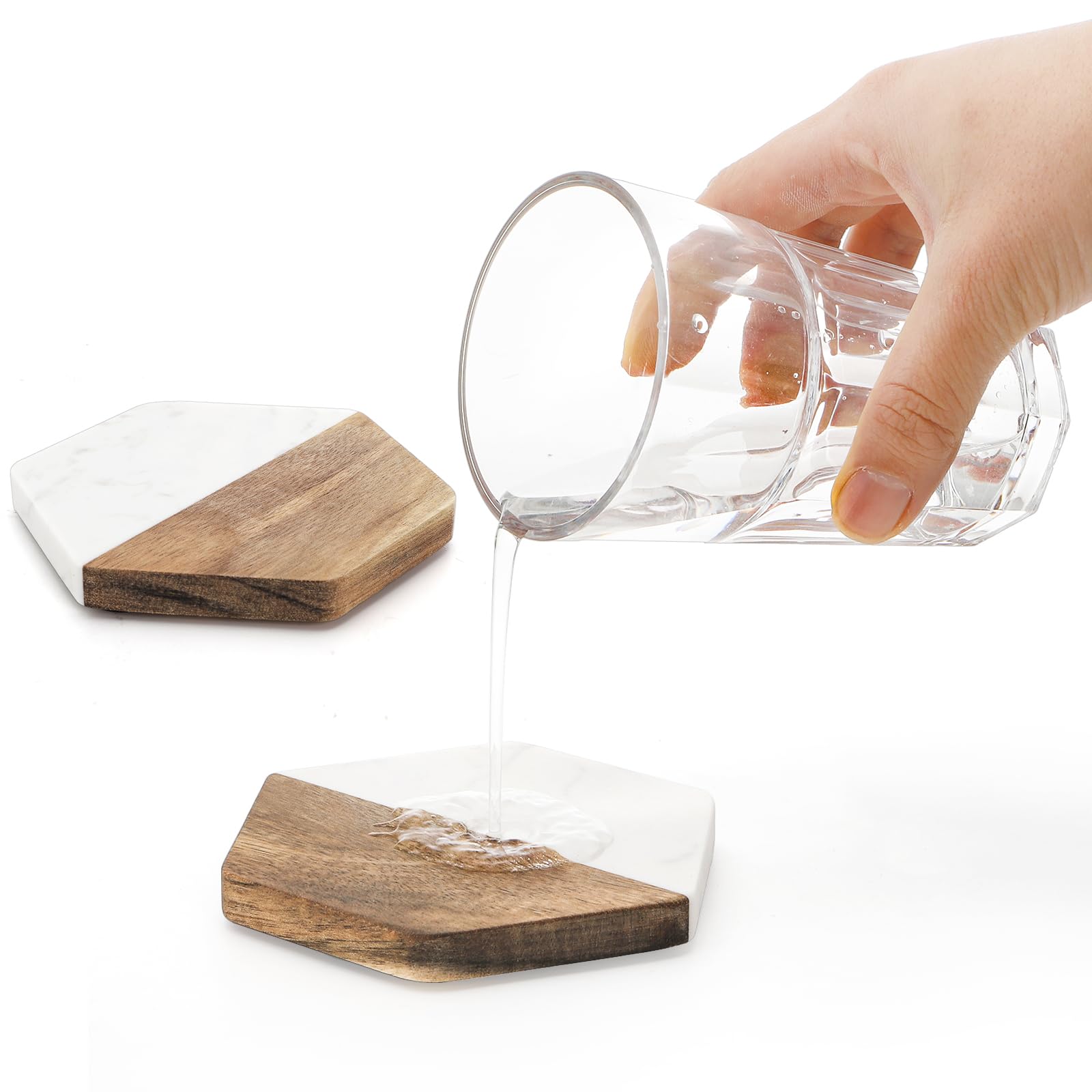 ZENFUN Set of 6 Marble Wood Coaster, Hexagon Geometric Coasters, Handcrafted Marble Coasters Set for Your Drinks and Beverages, Tea, Coffee, Wine/Bar Glasses, Tabletop Protection Helper