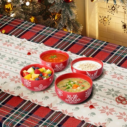 Red Ceramic Christmas Cereal Bowls Set - 6 Pieces, 5.6 Inch Snowflake Holiday Dinnerware