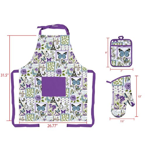 MIJOTEX 5Pcs Set Apron, Oven Mitts and Pot Holders BBQ Gloves with Printed Designs Cooking Gloves for Cooking Baking Grilling (5-Piece Set) (5, Purple Butterfly)