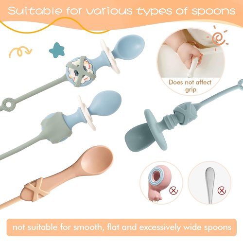 4PK Baby Spoon and Fork with Holder Straps for Kids Aged 6+ Months Self Feeding, No Throw Toddler Travel Essential Leash for High Chair or Bib or Wrist, Silicone Baby Led Weaning Supplies-Green/Green