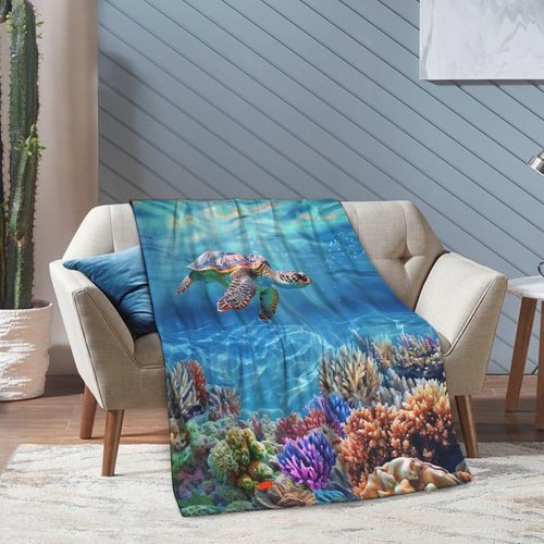 Sea Turtle Blanket Ocean Fleece Throw Blanket Super Soft Warm Cozy Fuzzy Plush Nautical Turtle Gifts for Girls Boys Kids Room Decor60 X80