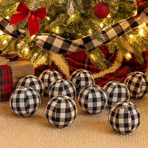 Tatuo 12 Pieces Christmas Buffalo Balls Bowl Filler Buffalo Check Ball Plaid Ornaments Decor Fabric Wrapped Balls Xmas Holiday Gingham Bowl for Fall Thanksgiving Home Decoration