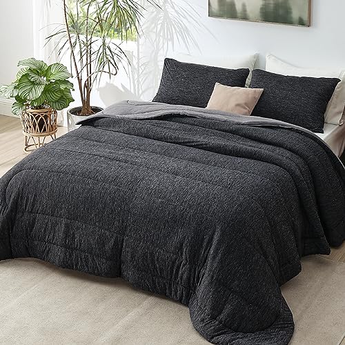 Queen Cooling Comforter Set - Reversible All-Season Bedding, Charcoal Black