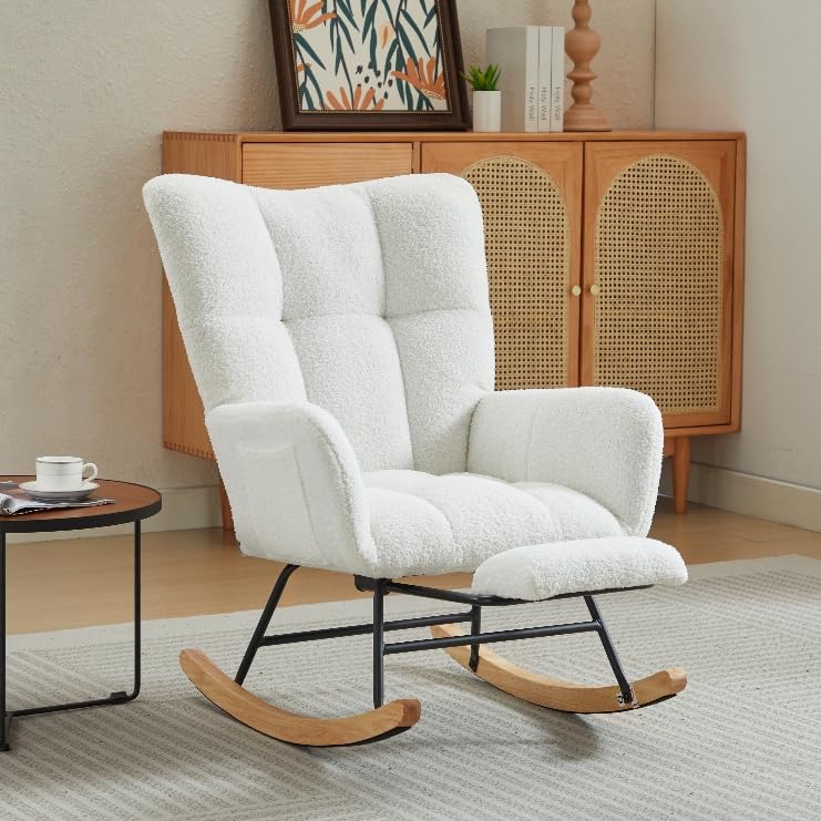 HEAHOLD Teddy Fabric Rocking Chair - 35.4 Inch Plush Glider for Nursery & Living Room, White