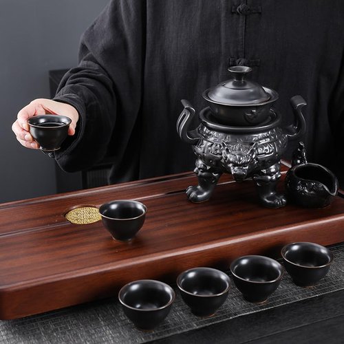 fanquare Chinese Gongfu Tea Set for 6, Rotating Tea Cup with Semi-automatic Base, Porcelain Tea Set for Home, Handmade Ceramic Tea Cups, Fair Cup, Gaiwan, Black