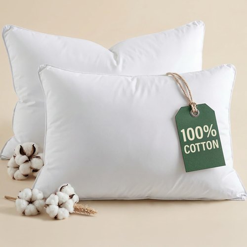 100% Cotton Bed Pillows - Soft Down Alternative for Back & Stomach Sleepers | Queen Size Set of 2, 20" x 36" (White)