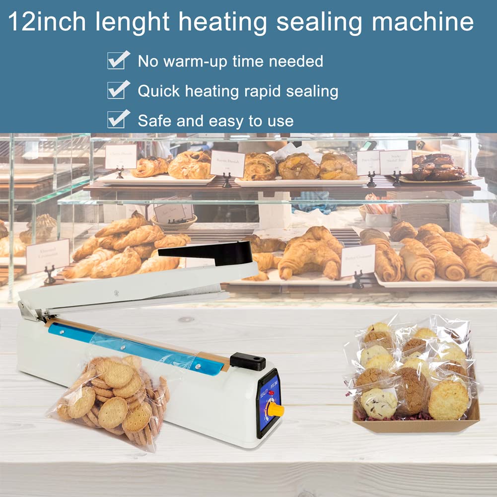 Impulse Sealer 12 inch Mylar Bag Heat Sealer, Heat Sealer for Plastic Bags, Metal Iron Shell, Impulse Sealer 3mm Sealing, Manual Hot Seal Machine with 8 Repair Kits(Included 2 Cutter Lines)