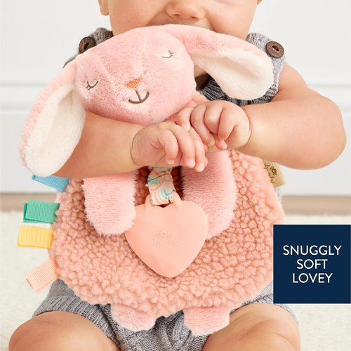 Itzy Ritzy - Itzy Lovey Baby Blanket with Teether - Soft Pink Bunny with Crinkle Sound & Textured Ribbons