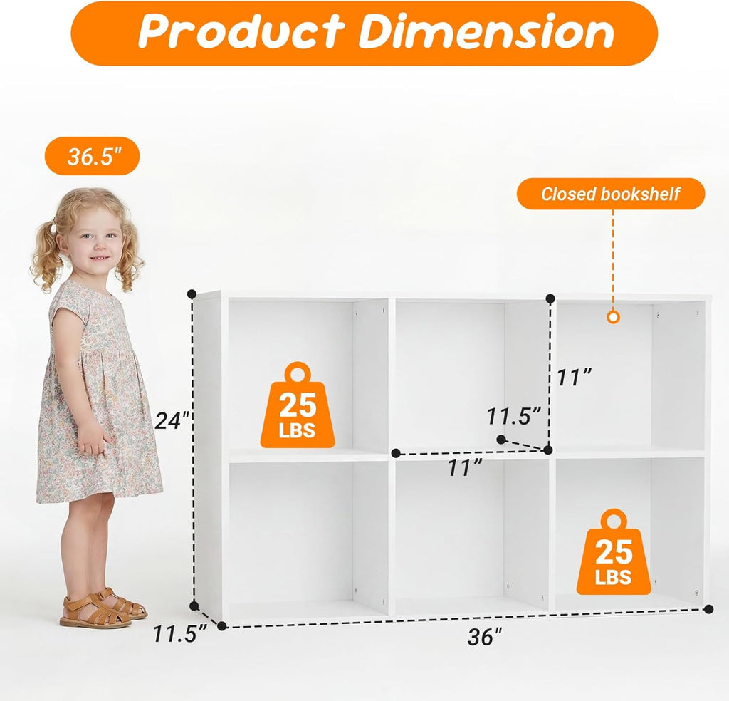 Skiennix 6 Cube Storage Organizer - White Kids Cubby Bookshelf with Anti-Tip Kit & Closed Back Panel