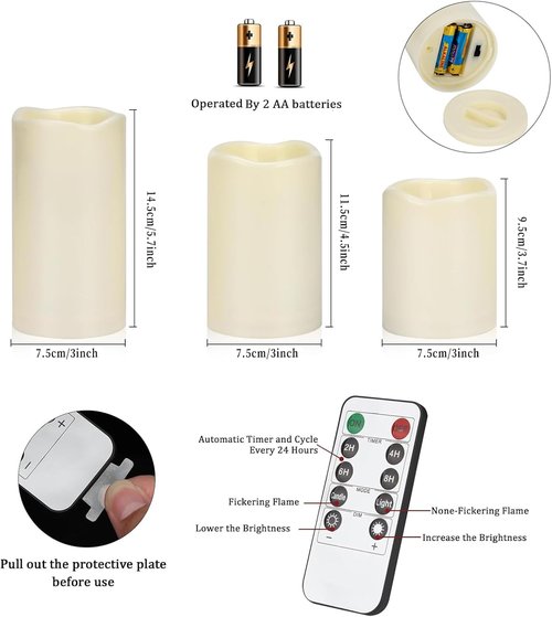 Flameless Candles Set of 3 - Ivory Battery Operated Pillars with Remote Timer | 4", 5", 6" Sizes
