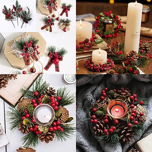 25PCS Artificial Pine Picks with Red Berries & Pinecones – Fake Pine Branches for Christmas Crafts