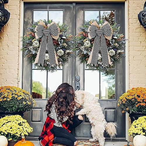 Black & White Striped Burlap Wreath Bows - Rustic Farmhouse Decor (2 Pack)