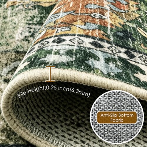 Washable Vintage Tribal Area Rug 5x7 - Non-Slip Low-Pile Green Rug