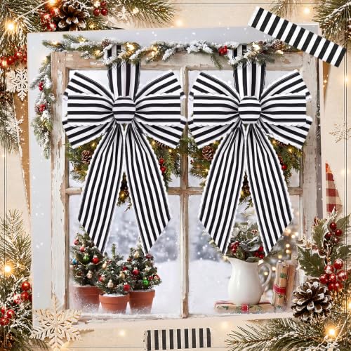 Black and White Striped Wreath Sash 2-Piece Set for Front Door Holiday Decor