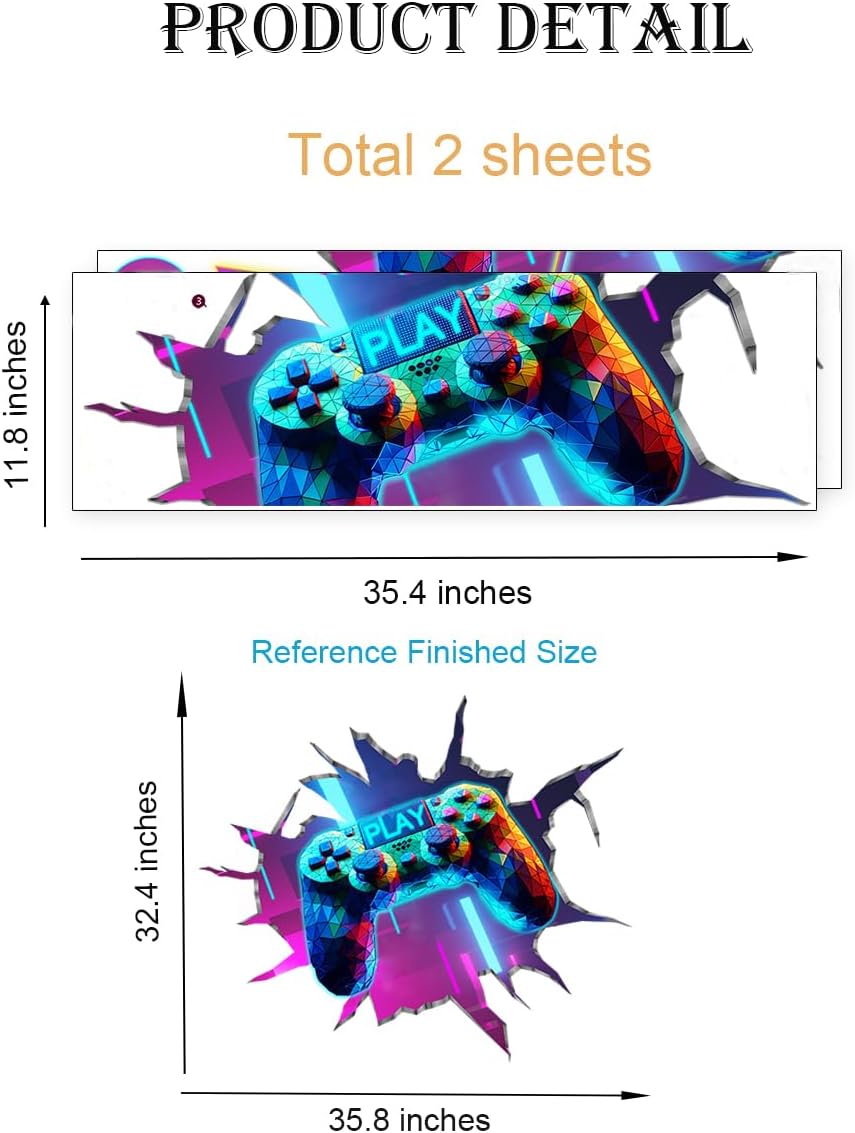 YIMEHDAN 3D Game Wall Decals - Removable Vinyl Stickers for Gamers | 35.8” x 32.4” Playroom Decor