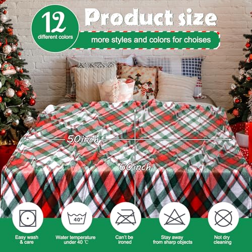 12Pcs Christmas Buffalo Plaid Throw Blankets 50x60 in - Soft Fleece Holiday Decor Set