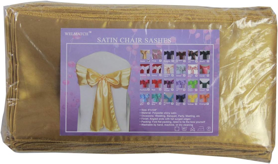 WELMATCH Gold Satin Chair Sashes - 50 Pcs Elegant Wedding & Party Decoration Bows | Gold Color