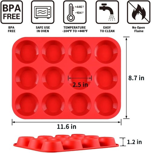 CAKETIME Silicone Muffin Pan - 12-Cup Nonstick Baking Tray Set | Food Grade Silicone, 3 Pack