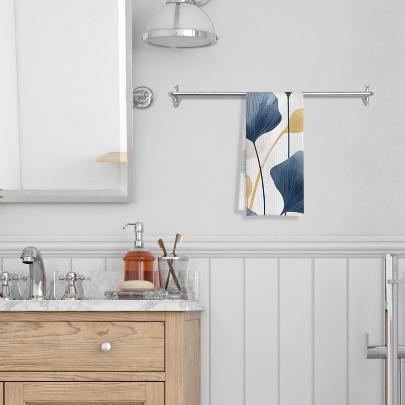 COWEB Boho Botanical Kitchen & Bath Towels - Navy & Golden Ginkgo Leaves, Mid Century Modern Decor, 16x24 Inch
