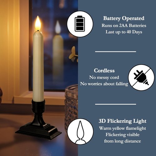 Homemory 6 Pcs Electric Window Candles - Ivory Flickering LED with Dusk to Dawn Sensor | Battery Operated for Holiday Decor