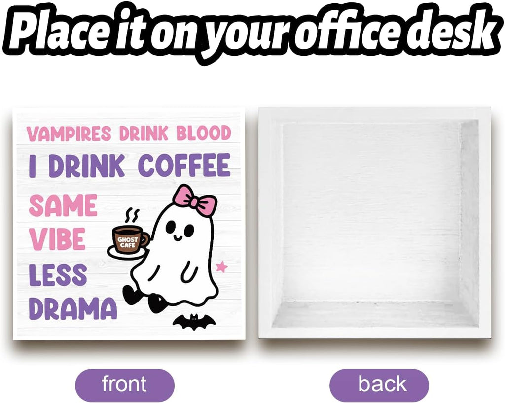 Skiennix Halloween Office Decor - Cute Ghost Coffee Bar Wooden Box Sign | 5x5 Inches for Home & Shop