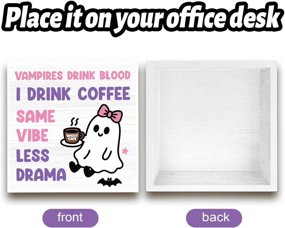 Skiennix Halloween Office Decor - Cute Ghost Coffee Bar Wooden Box Sign | 5x5 Inches for Home & Shop