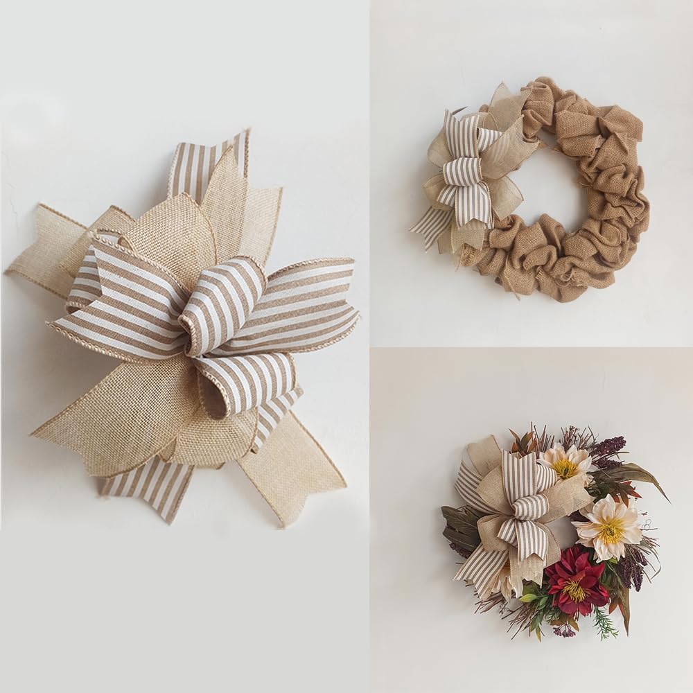 Regine Switzerland Vintage Beige Stripe Farmhouse Lantern Bow - Rustic Door Hanger Wreath Embellishment