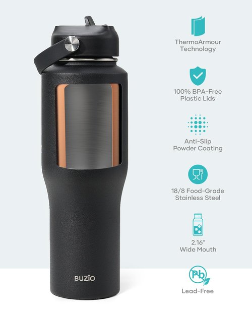 BUZIO Insulated Water Bottle Fits in Cupholder, Stainless Steel Tumbler with Straw Lid 32oz, Leak-proof BPA-Free Insulated Water Flask for Travel, Keeps Cold for 48H, Hot for 24H, Black