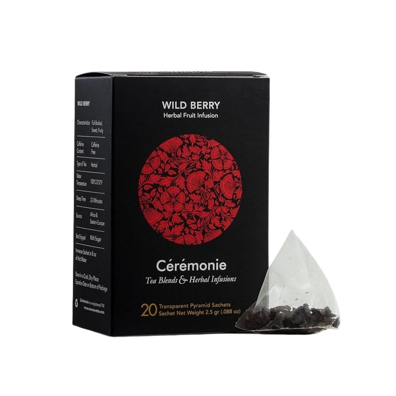 Ceremonie Wild Berry Herbal Fruit Infusion Tea - Full-Bodied, Sweet & Fruity - Caffeine Free with Hibiscus & Wild Berries - Bright Red Hue - 2-3 Minutes Steep Time - 20 Transparent Pyramid Sachet