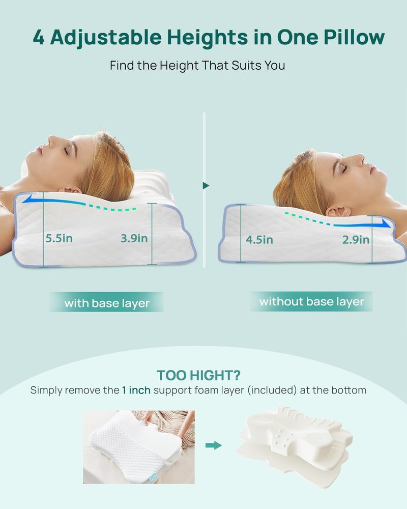 Releep Adjustable Cervical Neck Pillow, Cooling Orthopedic Ergonomic Contour Pillow, Memory Foam Neck Pillows for Back Stomach Sleeper, White Color