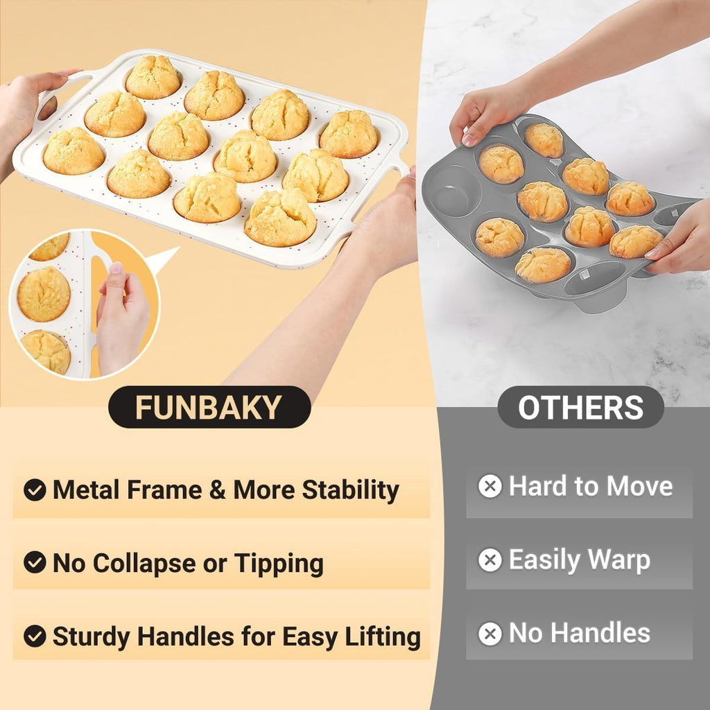 Skiennix Silicone Muffin Pans - Nonstick 12-Cup Baking Tray with Metal Reinforced Frame | BPA Free, Dishwasher Safe