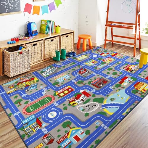 Kids City Road Playmat - 5' x 6'6" Washable Non-Slip Car Track Area Rug