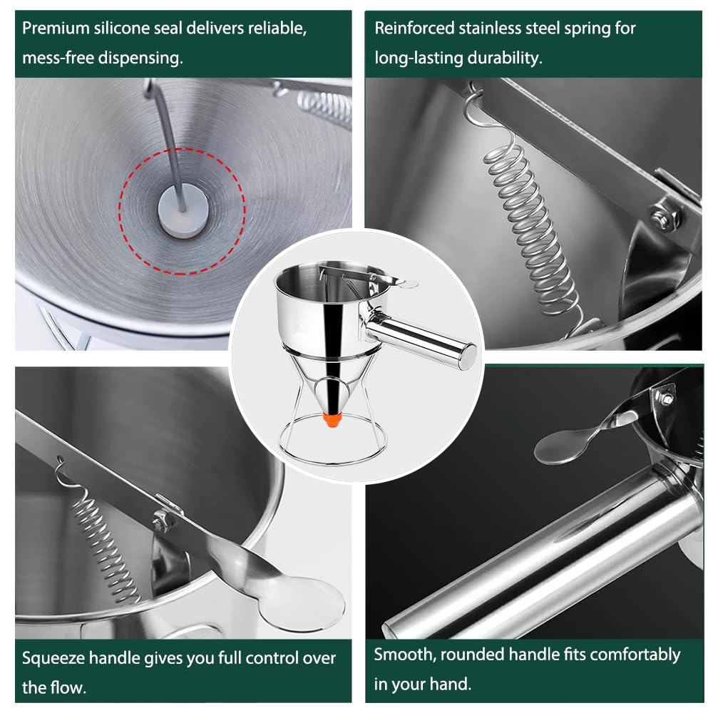 LunaCozy Pancake Batter Dispenser – 40oz Stainless Steel No-Drip Funnel, 4 Interchangeable Silicone Nozzles, Easy Control Batter Dispenser for Pancakes, Cupcakes, Funnel Cakes, Muffins & More