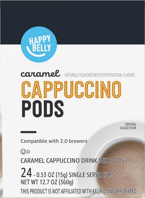 Happy Belly Cappuccino Coffee Pods - Light Roast Caramel Flavor | Compatible With K-Cup Brewers, 24 Count