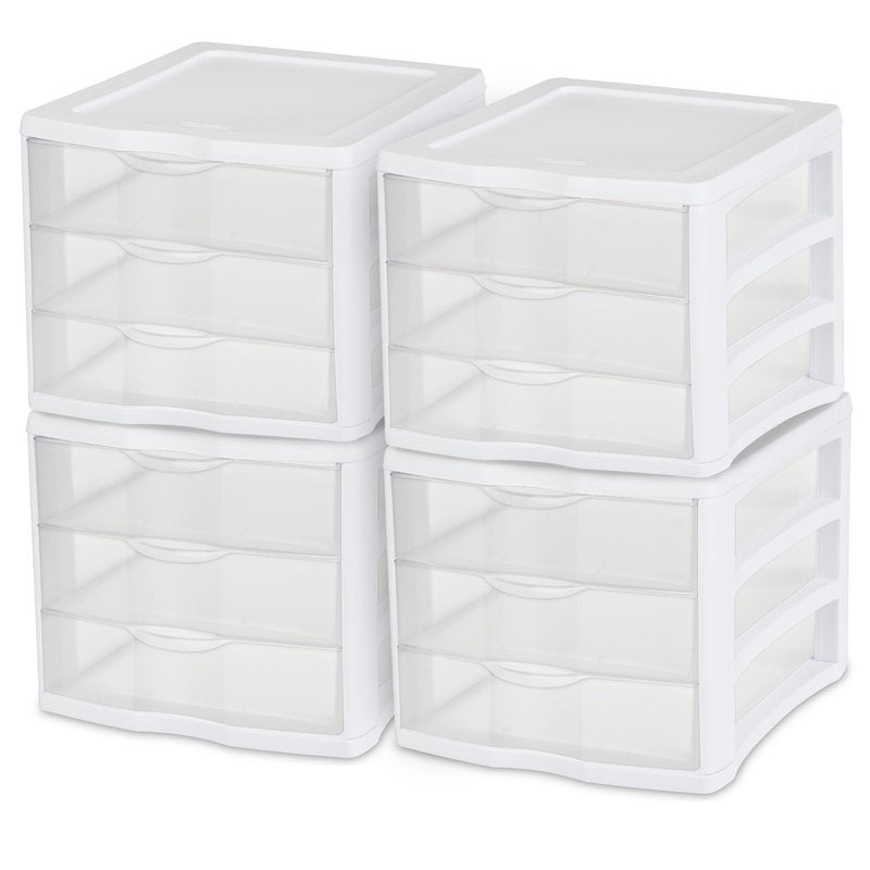 Sterilite 4-Pack 3 Drawer Unit, Stackable Plastic Organizer with Drawers, White Frame - Multi-Purpose Countertop Storage Containers for Office Supplies, Craft Rooms, Classrooms and Home Organization