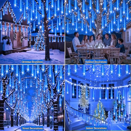 Blue Christmas Icicle Lights Outdoor 24 Tubes 48ft Meteor Shower Rain