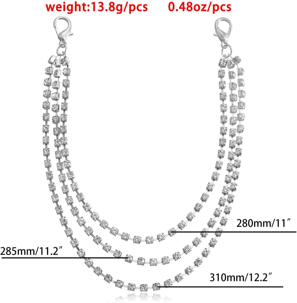 Skiennix Layered Glitter Rhinestone Shoelace Charms - Triple Layer Tassel Crystal Boot Chain | Silver