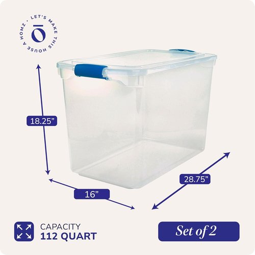 HOMZ Clear Plastic Storage Bins - 2-Pack Latching Lid Organizers, 112 Quart, Blue | Stackable for Home & Office