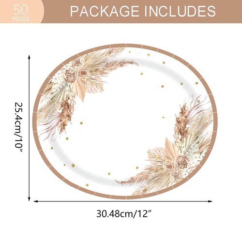 Aysimple 50PCS Boho Party Oval Paper Plates Large 10'' x 12'' Disposable Bohemian Party Platters, Pampas Grass Floral Design Heavy Duty Dish Tray for Baby Shower Birthday Wedding Event
