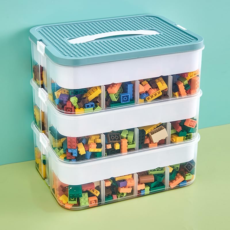 3-Layer Stackable Toy Storage Organizer with Building Plate Lid - Green
