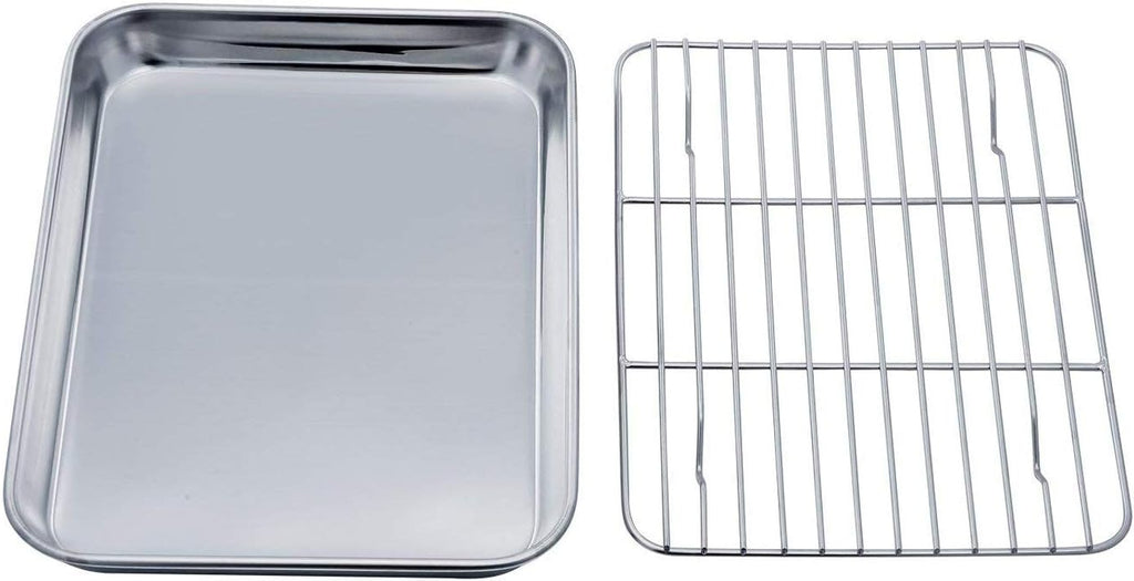 TeamFar Stainless Steel Toaster Oven Tray and Rack Set - 9.3" x 7" x 1" | Non-Toxic, Easy Clean & Dishwasher Safe