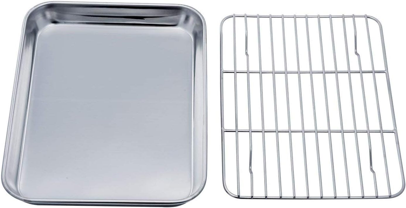 TeamFar Stainless Steel Toaster Oven Tray and Rack Set - 9.3" x 7" x 1" | Non-Toxic, Easy Clean & Dishwasher Safe