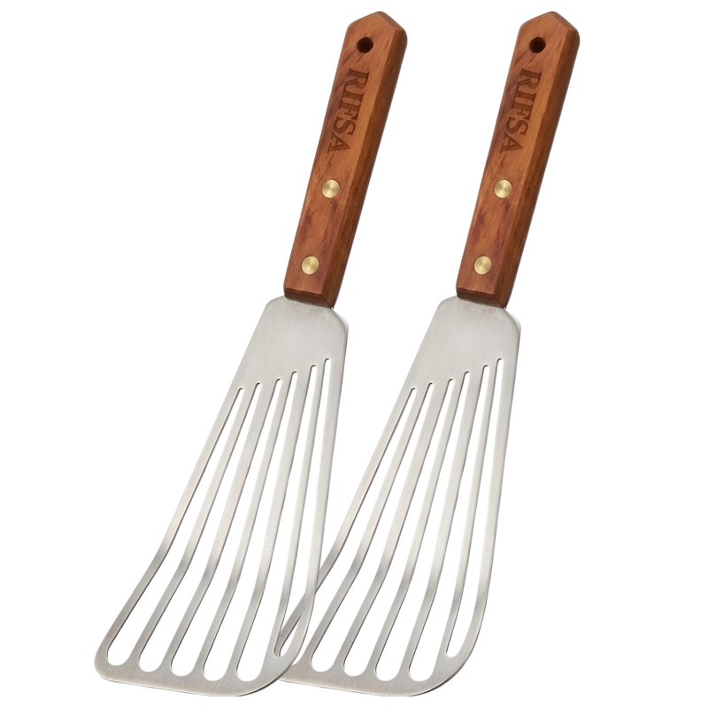 Fish Spatula Stainless Steel 2 Slotted Fish Spatulas for Nonstick Cookware - Elegant Silver Finish Turner Spatula with Ergonomic Wooden Grip Size 11” Blade Ideal for Home and Professional Chefs